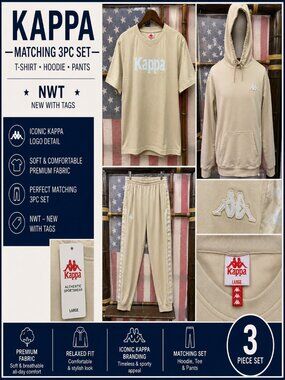 Kappa 3-Piece Matching Set Hoodie Tee Joggers Beige NWT